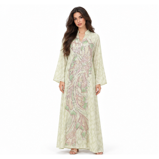 Elegant Mint Green Embroidered Sequin Kaftan