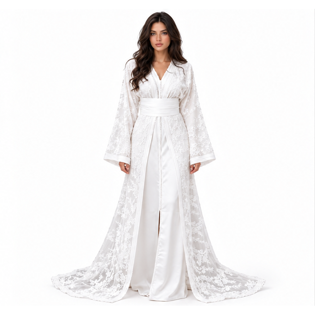 White Kaftan With Elegant Floral Embroidery
