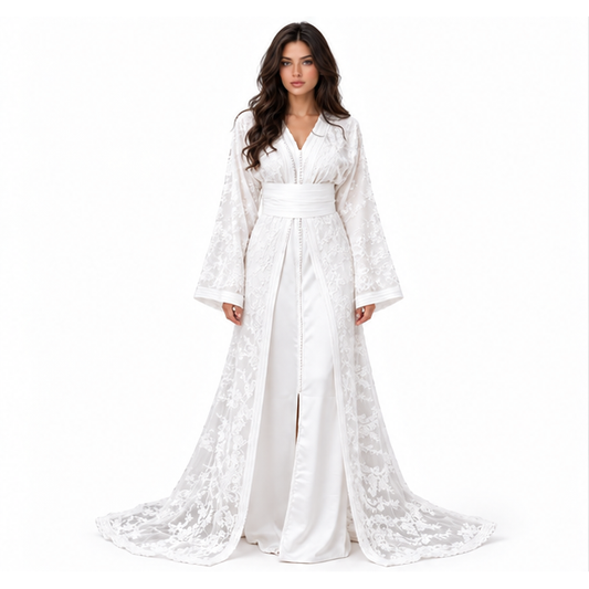 White Kaftan With Elegant Floral Embroidery