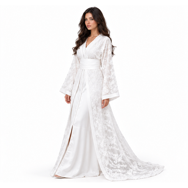 White Kaftan With Elegant Floral Embroidery
