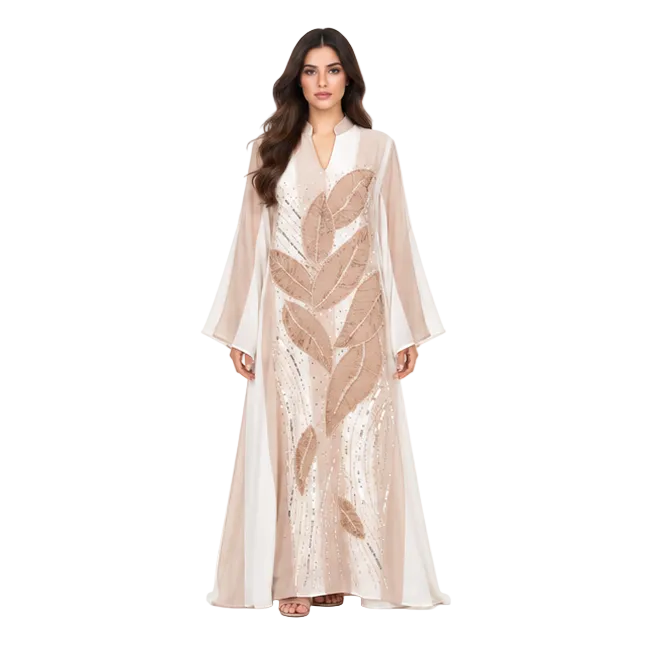 Elegant Gold Leaf Embroidered White Kaftan