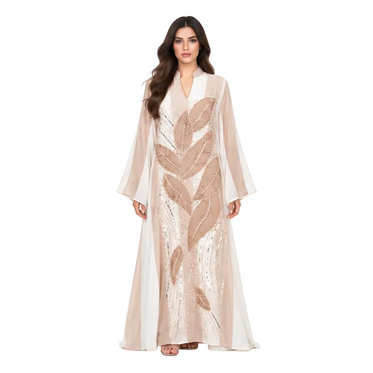 Elegant Gold Leaf Embroidered White Kaftan