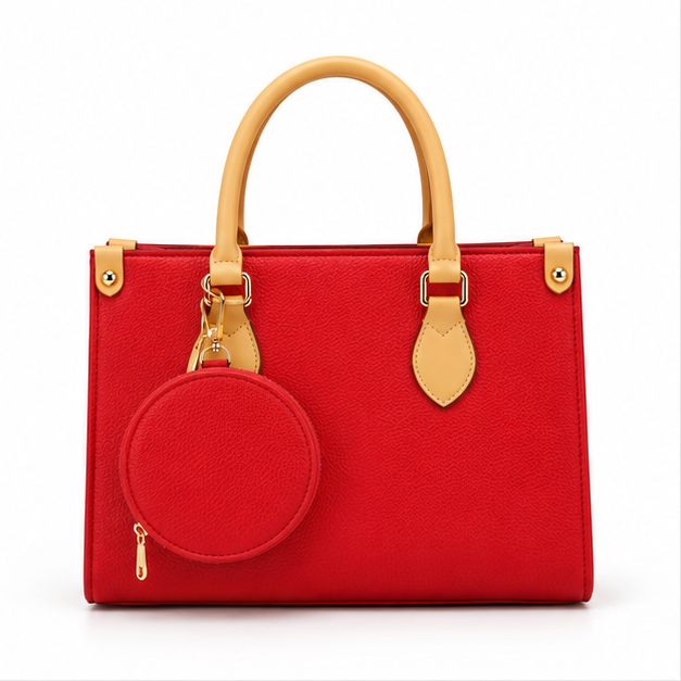 Red Structured Tote With Round Pouch