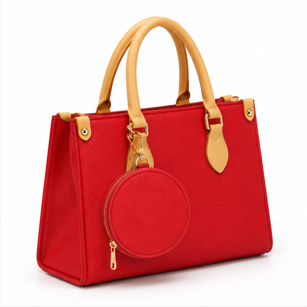 Red Structured Tote With Round Pouch