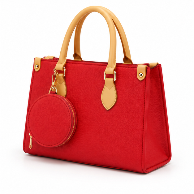 Red Structured Tote With Round Pouch