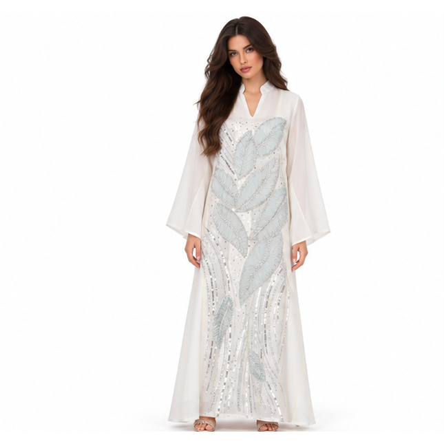 Elegant White Kaftan With Silver Embroidery