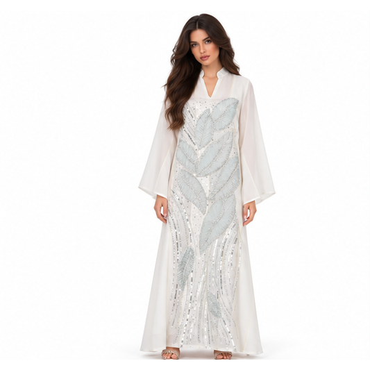 Elegant White Kaftan With Silver Embroidery