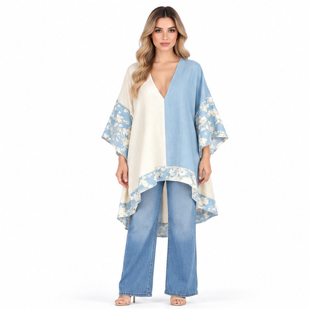 Elegant Blue Cream Floral Kaftan Top