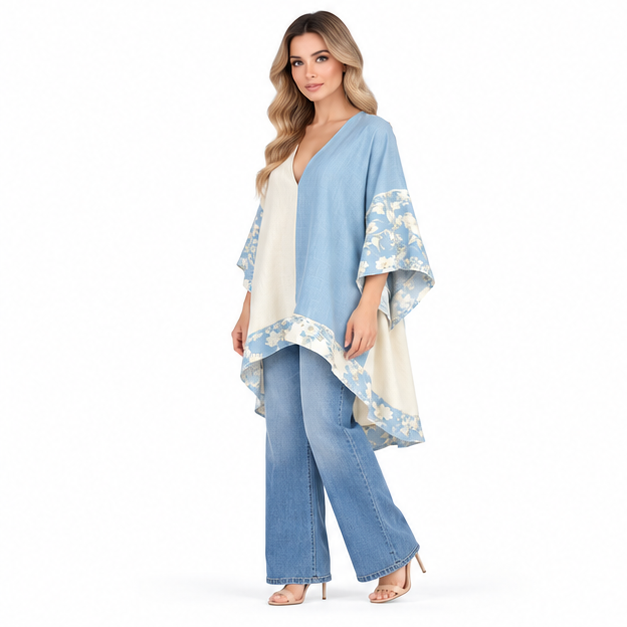 Elegant Blue Cream Floral Kaftan Top