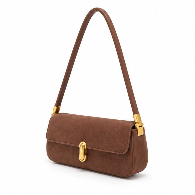 Elegant Brown Suede Shoulder Baguette Bag