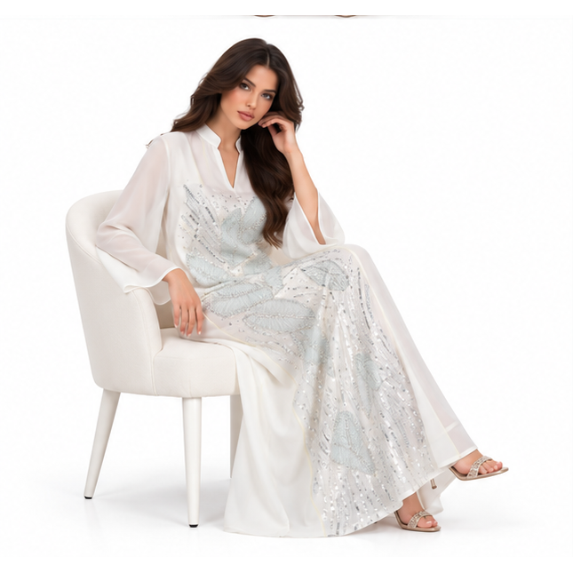 Elegant White Kaftan With Silver Embroidery