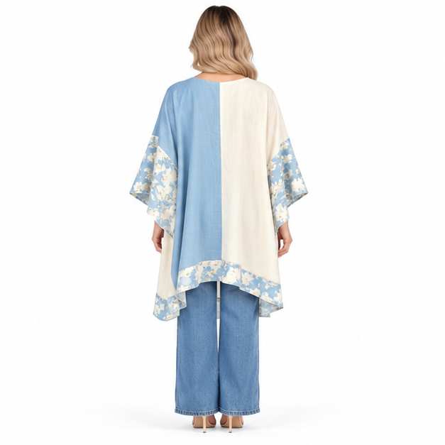 Elegant Blue Cream Floral Kaftan Top