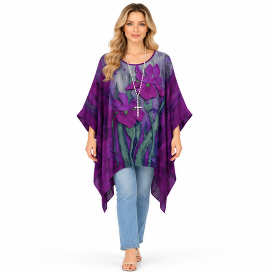 Elegant Purple Iris Floral Kaftan Top
