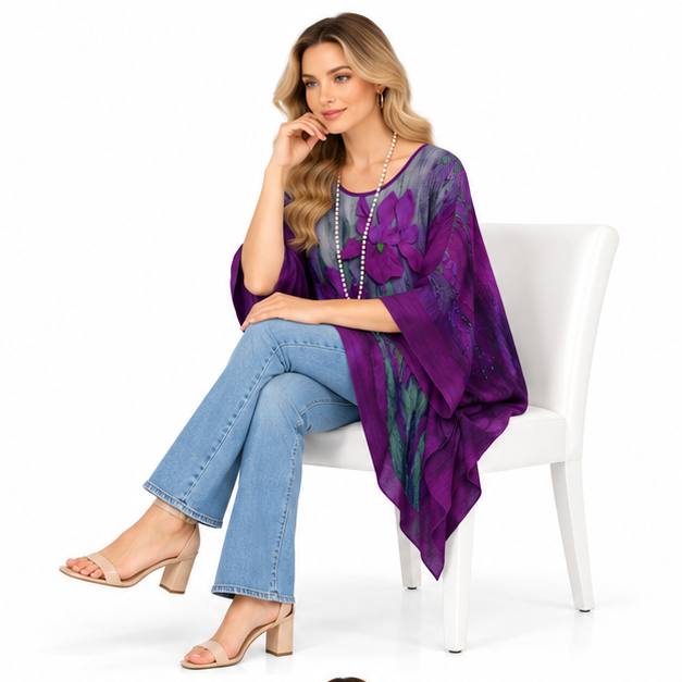 Elegant Purple Iris Floral Kaftan Top