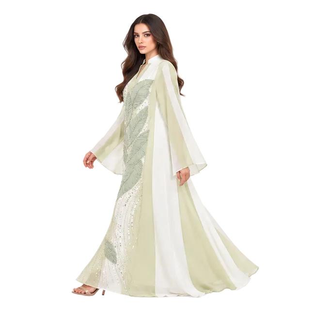 Sage Green Leaf Embroidered White Kaftan