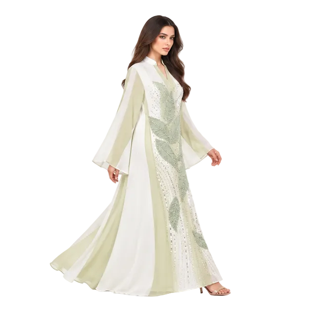 Sage Green Leaf Embroidered White Kaftan