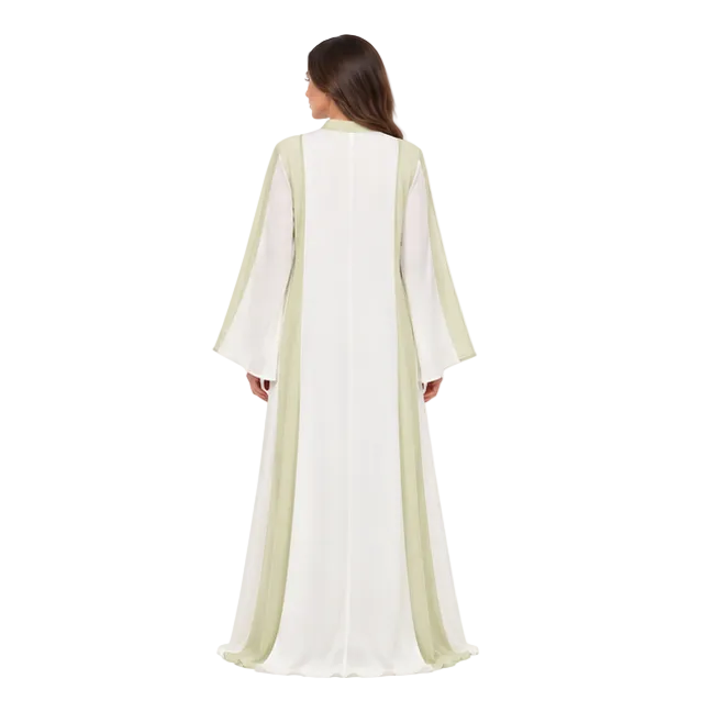Sage Green Leaf Embroidered White Kaftan