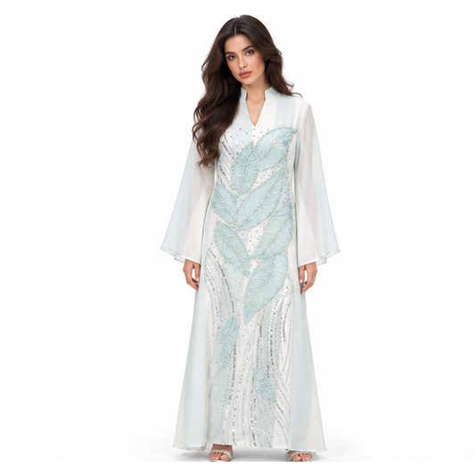 Elegant White Kaftan With Blue Embroidery