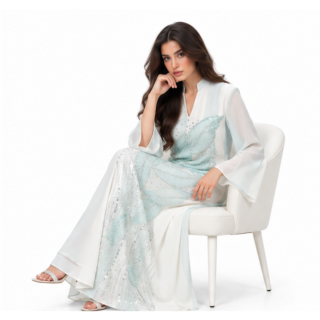 Elegant White Kaftan With Blue Embroidery