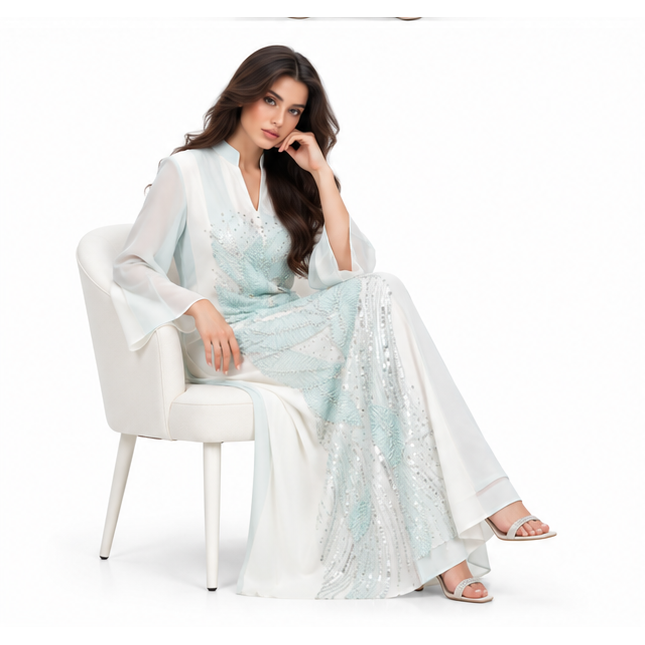 Elegant White Kaftan With Blue Embroidery