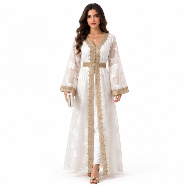 Elegant White Kaftan With Gold Embroidery