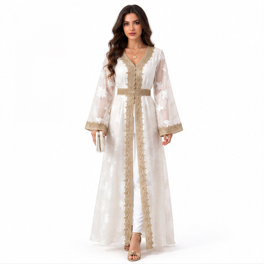 Elegant White Kaftan With Gold Embroidery