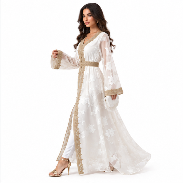 Elegant White Kaftan With Gold Embroidery