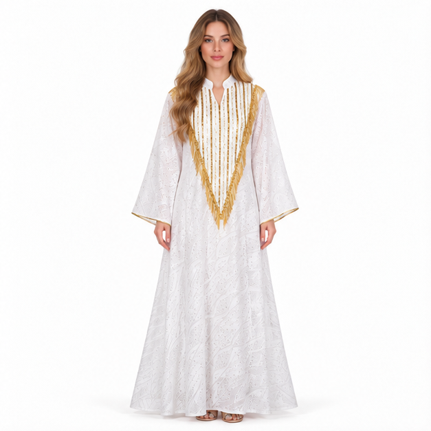 Elegant White Gold Embroidered Sequin Kaftan