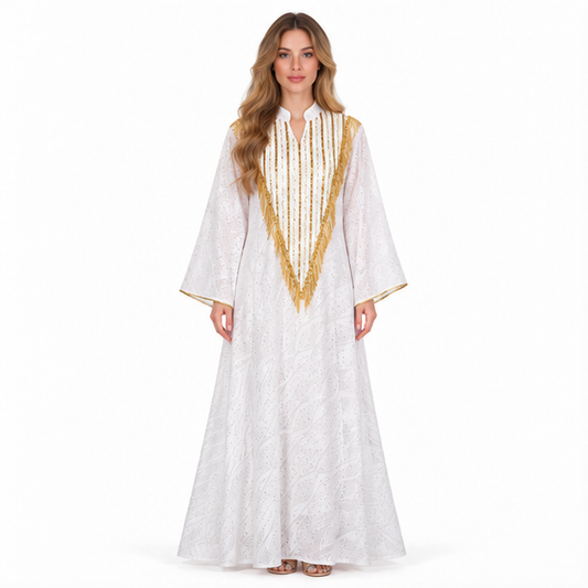 Elegant White Gold Embroidered Sequin Kaftan