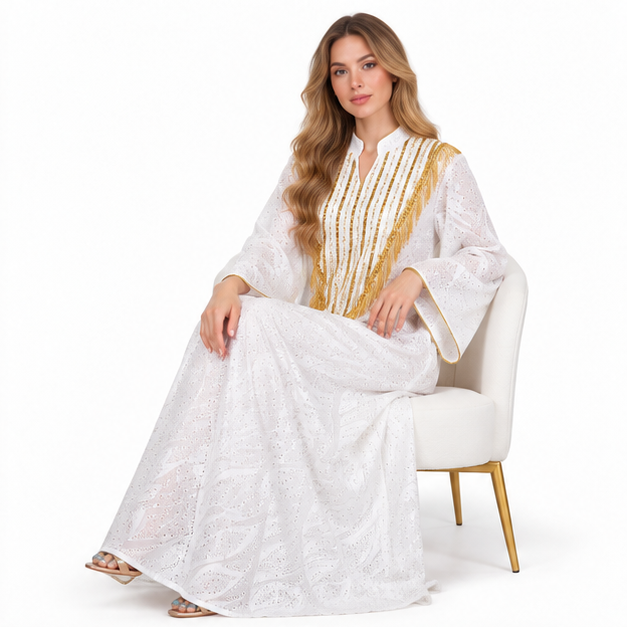 Elegant White Gold Embroidered Sequin Kaftan