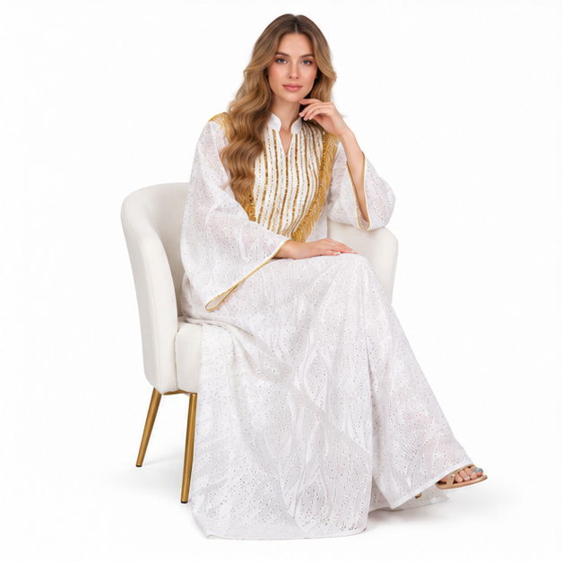 Elegant White Gold Embroidered Sequin Kaftan