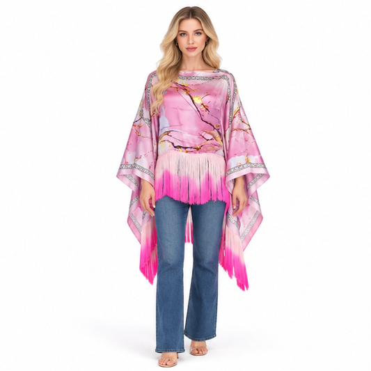 Elegant Pink Floral Fringe Kaftan Tops