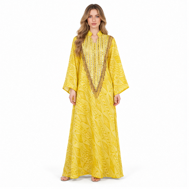 Elegant Yellow Embroidered Sequin Kaftan Dress