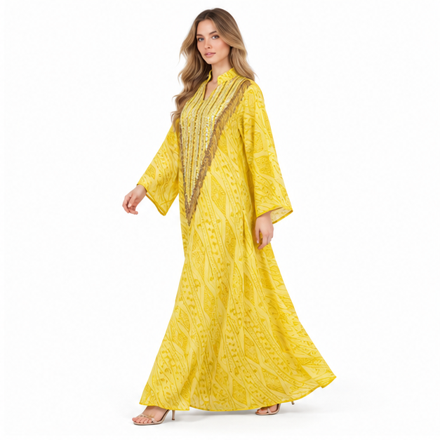 Elegant Yellow Embroidered Sequin Kaftan Dress