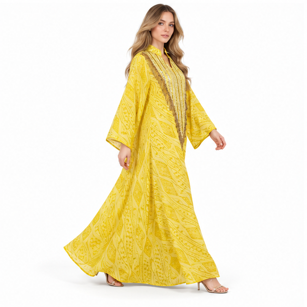 Elegant Yellow Embroidered Sequin Kaftan Dress