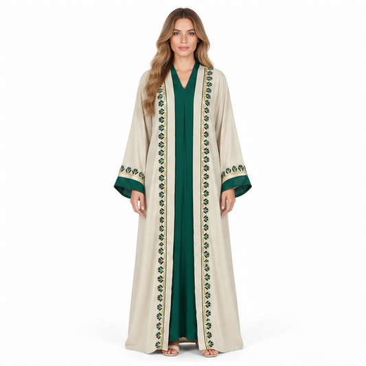 Elegant Beige Apricot Embroidered Sequin Kaftan