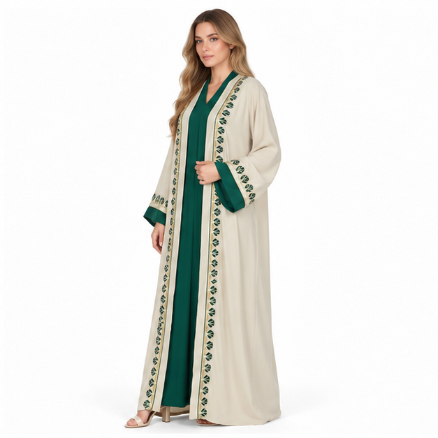 Elegant Beige Apricot Embroidered Sequin Kaftan