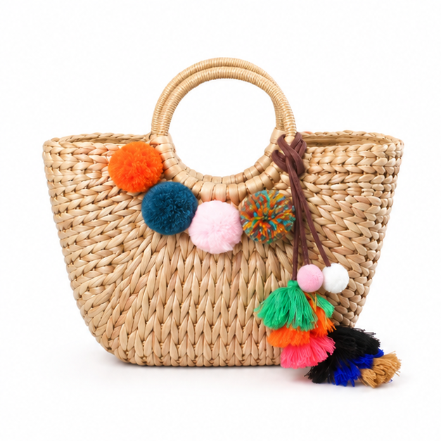 Colorful Pom Pom Woven Straw Tote