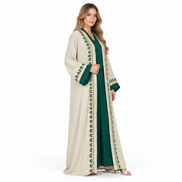 Elegant Beige Apricot Embroidered Sequin Kaftan