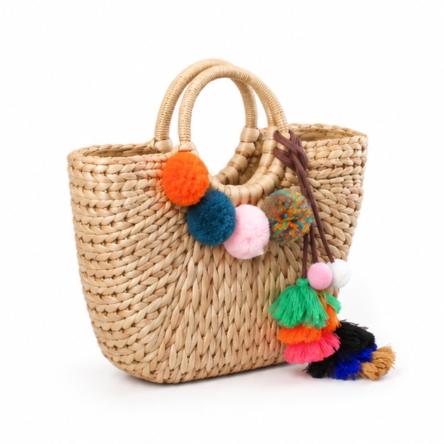 Colorful Pom Pom Woven Straw Tote