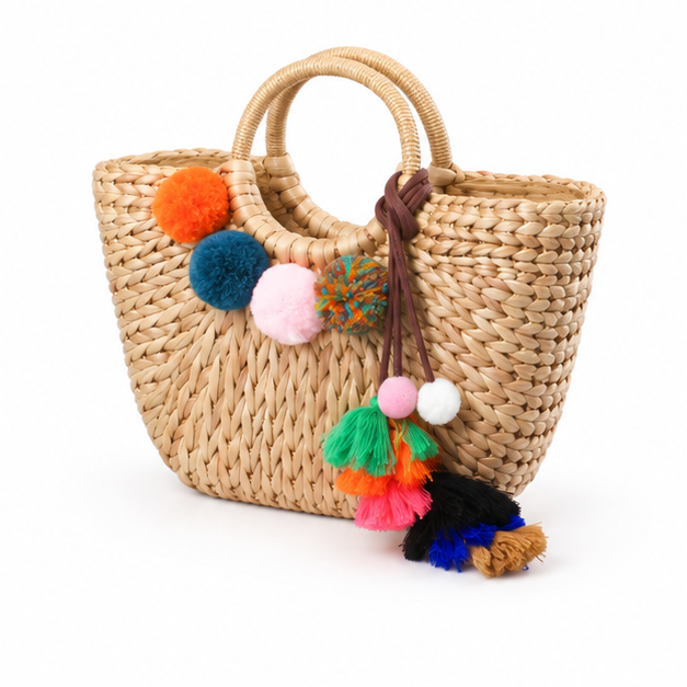 Colorful Pom Pom Woven Straw Tote