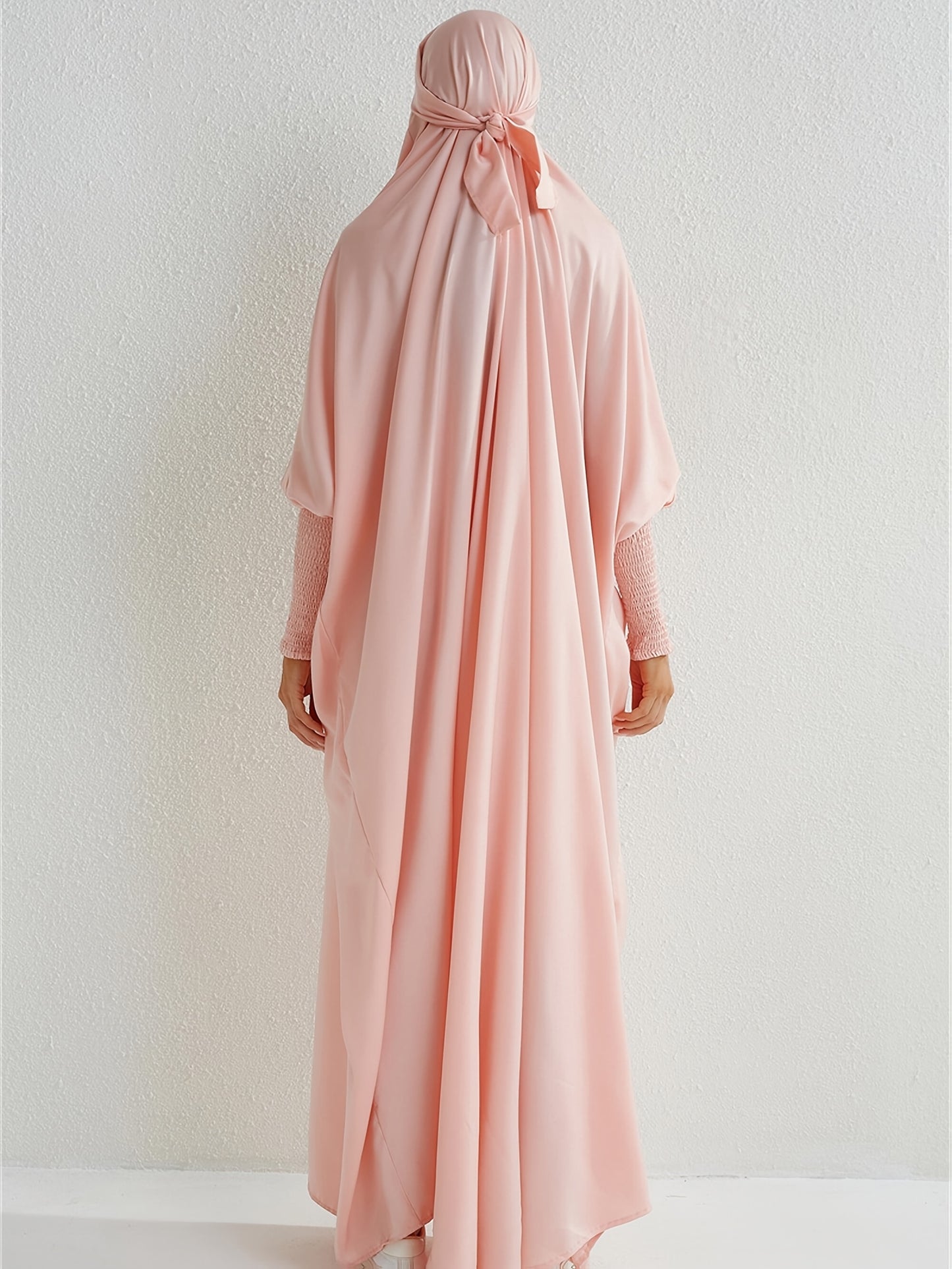 Elegant Light Pink Modesty Dress with Hijab - Women's Long Sleeve Jibab Abaya, Maxi Prayer Dress, Polyester, Non-Stretch Fabric, Machine Washable