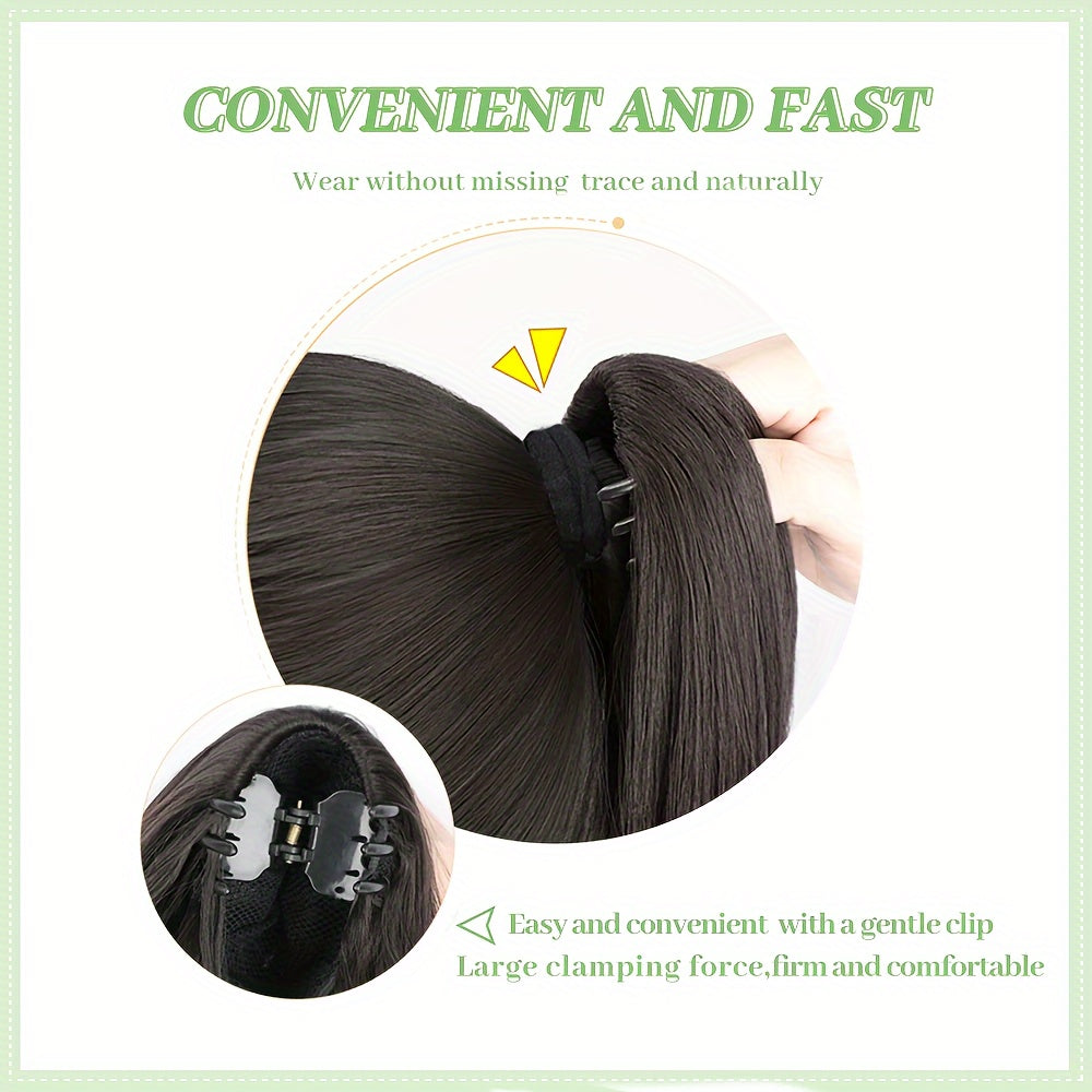 Black 23.62inch Clip-On Ponytail Hair Extension Wig for Women, Featuring a Long Straight Hairpiece