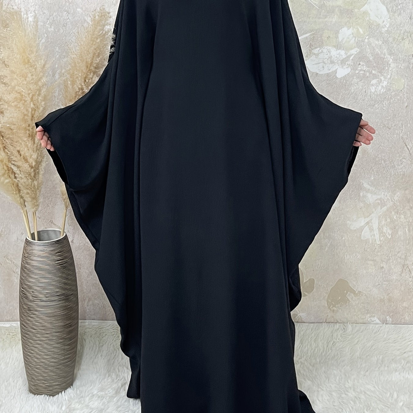 Women's Vintage Arabic Abaya Dress - Ramadan Modest Batwing Sleeve Long Dress with Waist Belt, Loose Fit Solid Black, Faux Pockets for All-Season Wear, Muslim Dress, Modest Apparel