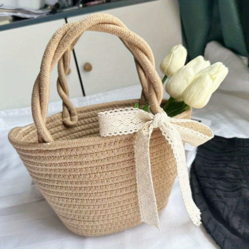 Handbag Women's Straw Basket Handmade Bag Holiday Picnic Spring Trip Photo Beach Bag Single Shoulder Woven Small Bag Elegant Lady