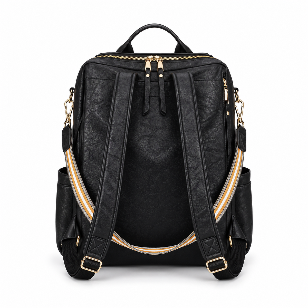 Black Textured Backpack With Striped Strap