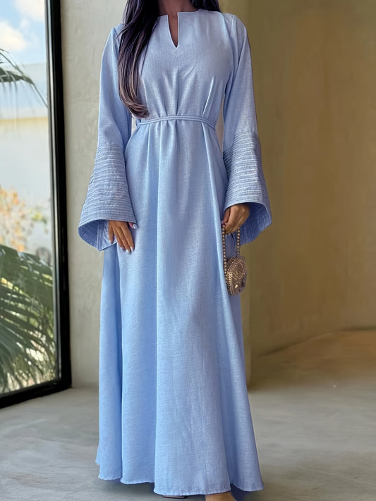 Women's Kaftan Dress Patchwork Floral Print  Arabic Abaya Robe Long Sleeve Round Neck Loose Dress