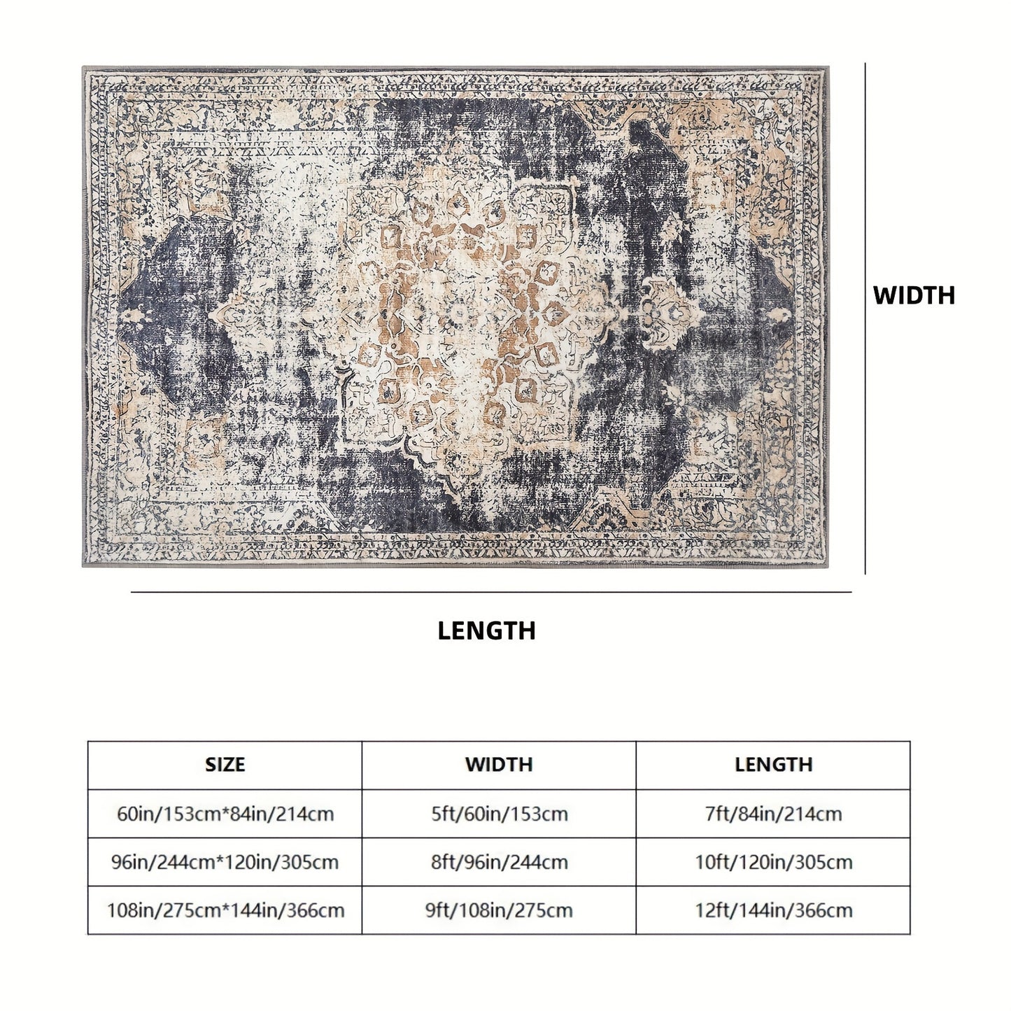 Oriental Medallion Printed Medium Area Rug, Low Profile Pile Rubber Backing Indoor Vintage Rugs, Ideal for Living Room Dining Room Bedroom Office, Beige