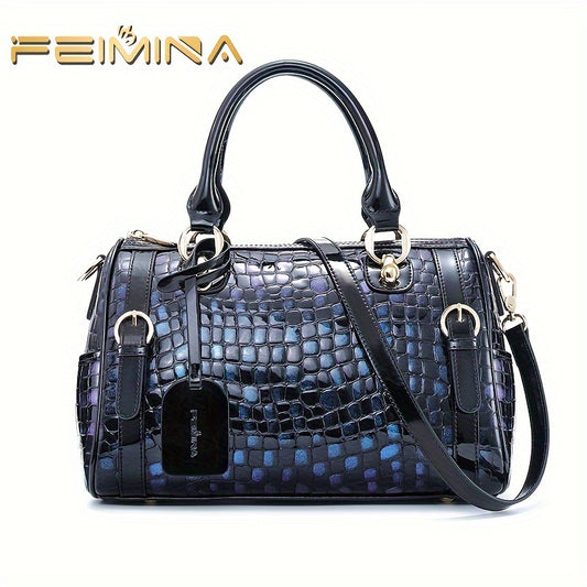 Genuine Leather Crossbody Bag for Women-Luxury Crocodile-Embossed High-Capacity Blue Shoulder & Crossbody Bag with Zipper Closure
