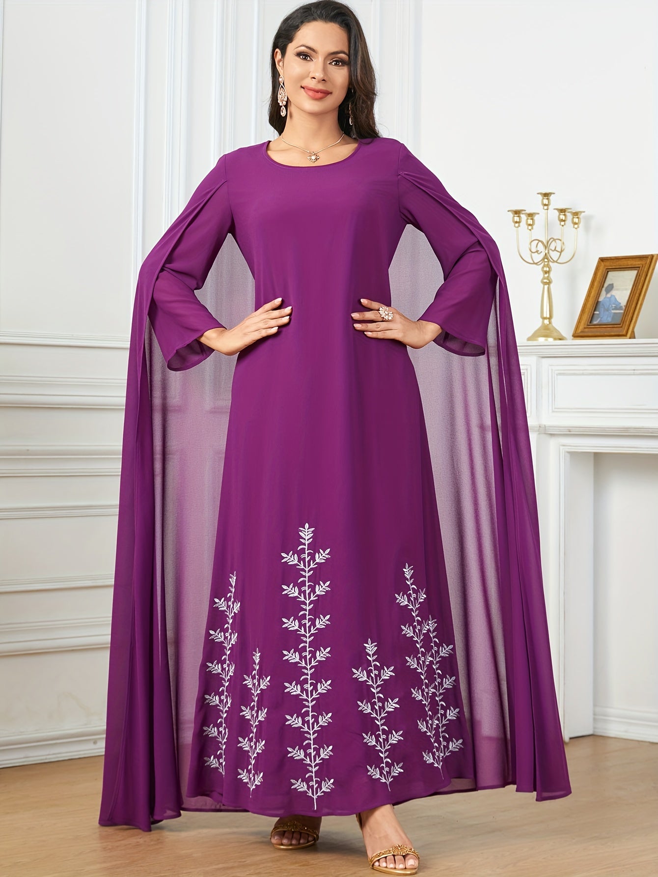 Polyester Traditional Abaya Dress - Solid Color Round Neck Embroidered Long Sleeve with Cape, Regular Fit, All-Season, Middle Eastern Cultural Apparel